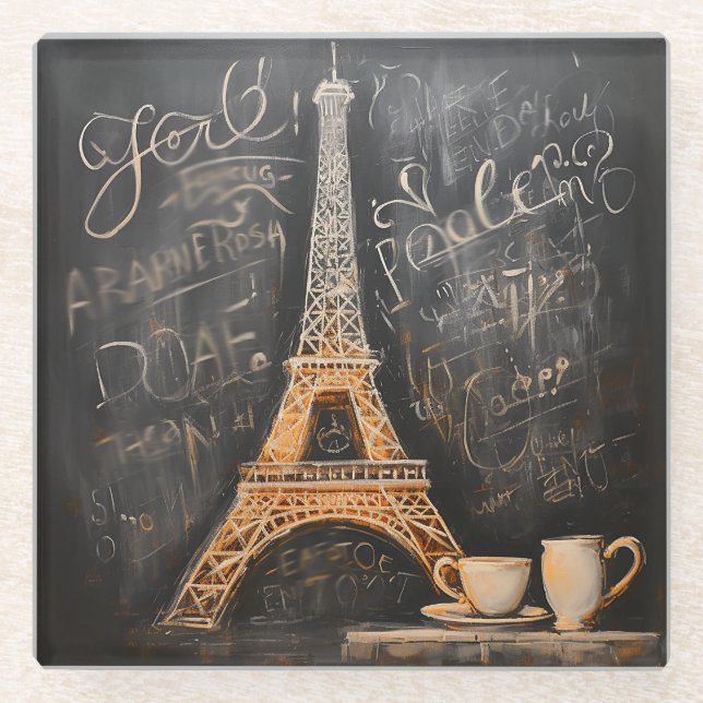 Chic Eiffel Tower Cafe Coffee Chalkboard Paris Glass Coaster (Front)