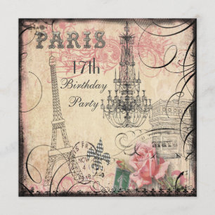 Chic Eiffel Tower & Chandelier 17th Birthday Invitation