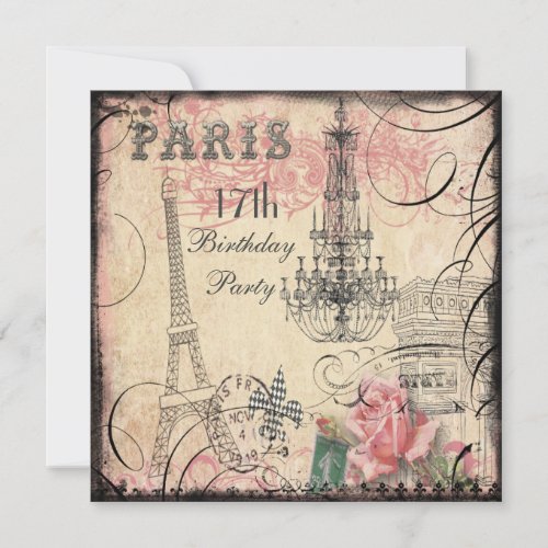 Chic Eiffel Tower  Chandelier 17th Birthday Invitation