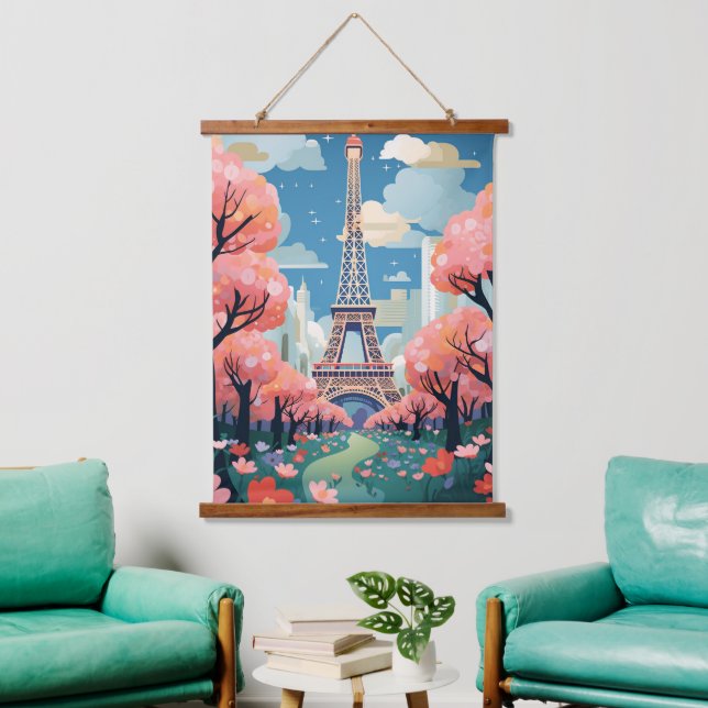 Chic Eiffel Tower Modern Paris Floral Charm Hanging Tapestry (Living Room)