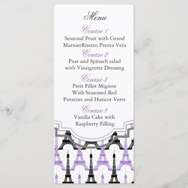 Chic Eiffel tower Purple Personalized Menu cards (Front)