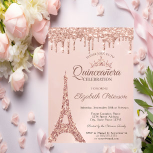 Chic Eiffel Tower,Rose Gold Drips Quinceañera  Invitation