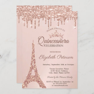 Chic Eiffel Tower,Rose Gold Drips Quinceañera Invitation
