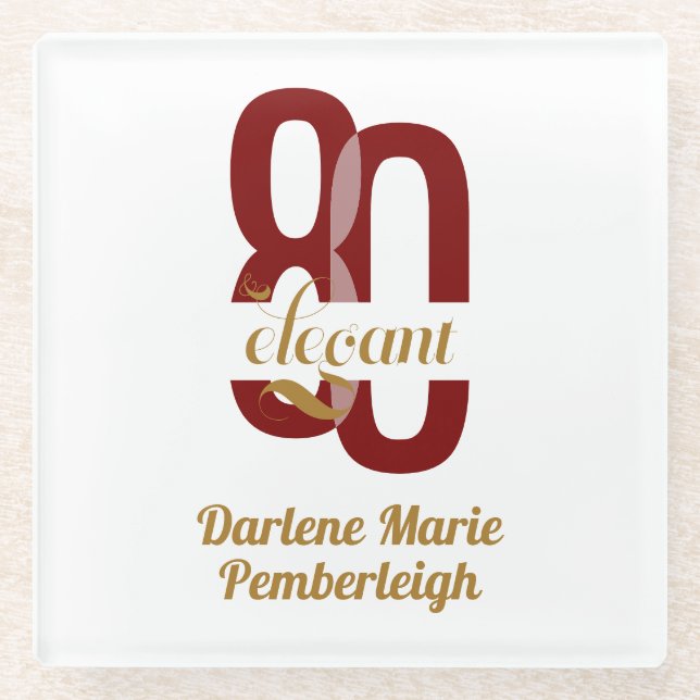 Chic Eighty & Elegant Ruby Red Gold 80th Birthday Glass Coaster (Front)