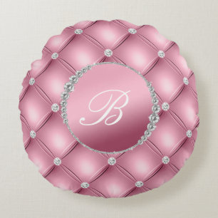Chic Elegance Pink and Diamonds Monogrammed Round Pillow