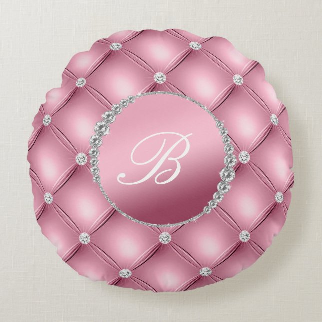 Chic Elegance Pink and Diamonds Monogrammed Round Pillow (Front)