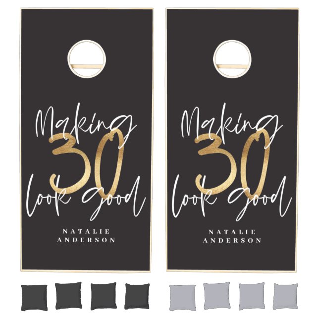Chic elegant 30th birthday black and gold cornhole set (Set)