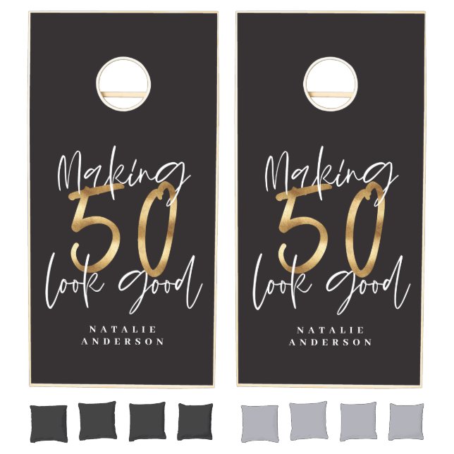 Chic elegant 50th birthday black and gold cornhole set (Set)