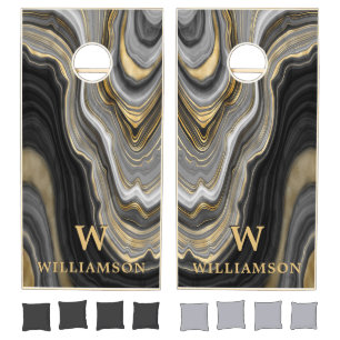 Chic Elegant Agate Marble Black Metallic Gold Name Cornhole Set