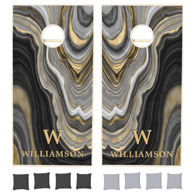 Chic Elegant Agate Marble Black Metallic Gold Name Cornhole Set (Set)