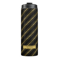 Chic Elegant Black and Faux Gold Stripes Monogram Thermal Tumbler