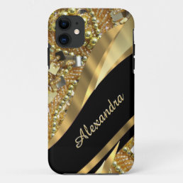 Chic elegant black and gold bling personalized iPhone 11 case