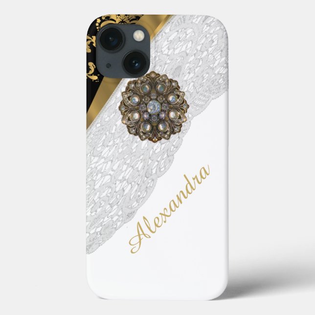 Chic elegant black and gold bling white lace Case-Mate iPhone case (Back)