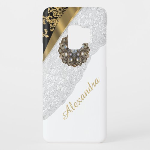 Chic elegant black and gold bling white lace Case_Mate samsung galaxy s9 case