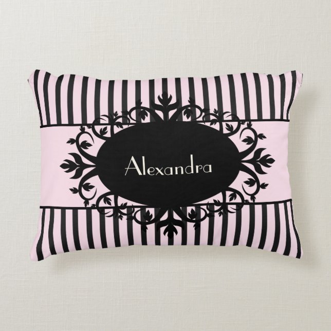 Chic Elegant Black and Pink Ornate Parisian Stripe Decorative Pillow (Front)