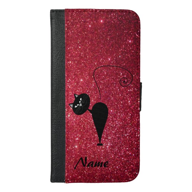 Chic elegant black cat  glittery look personalized iPhone wallet case (Front)