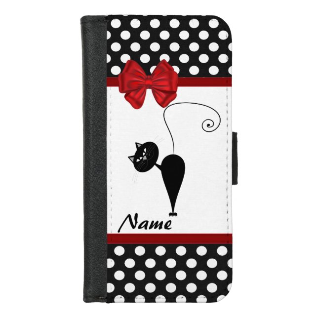 Chic elegant black cat polka dots personalized iPhone wallet case (Front)