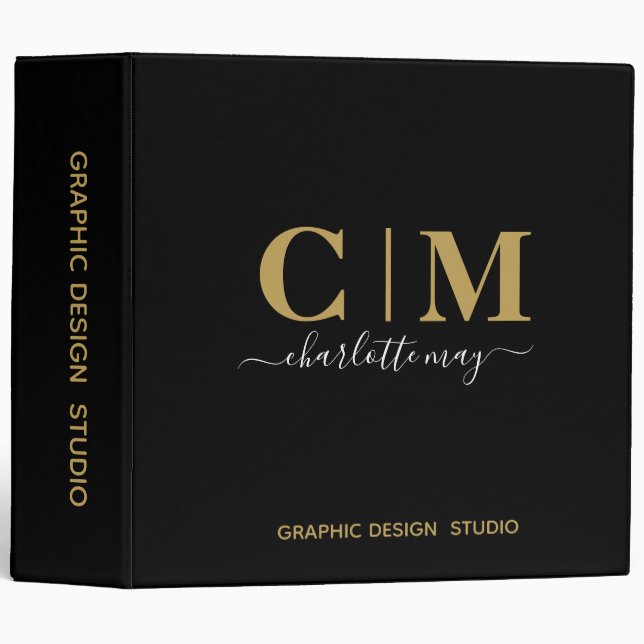 Chic Elegant Black Gold Business Monogram Name 3 Ring Binder (Front/Spine)