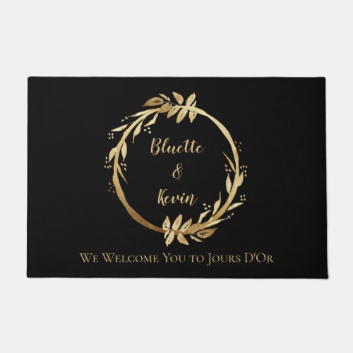 Chic Elegant Black Gold Foliage Wreath Monogram Doormat