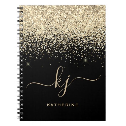 Chic Elegant Black Gold Glitter 2 Monogram Script Notebook