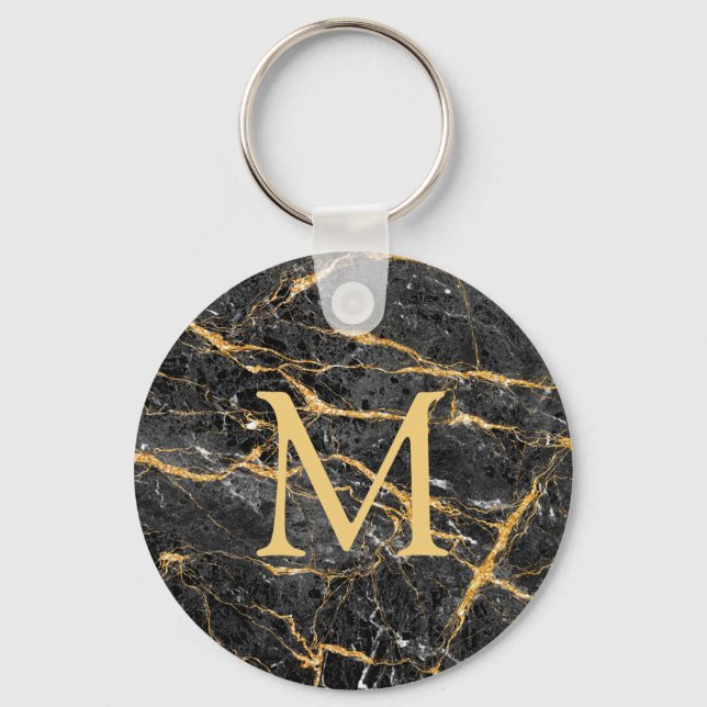 Chic Elegant Black Gold Marble Monogram   Keychain (Front)