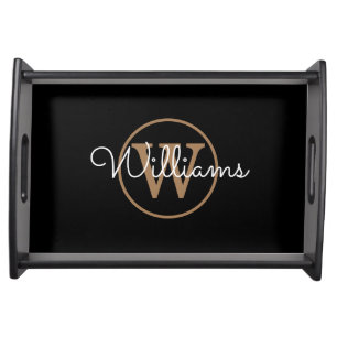 Chic Elegant Black Gold Monogram Script Serving Tray