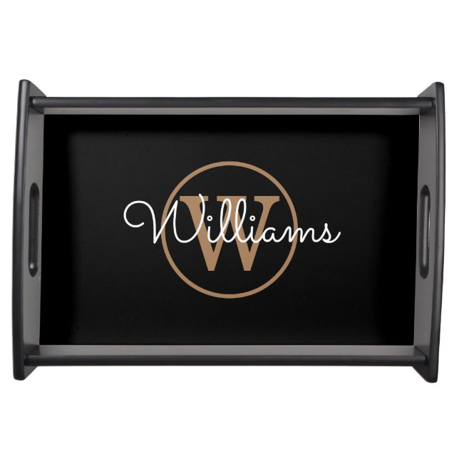 Chic Elegant Black Gold Monogram Script Serving Tray (Front)