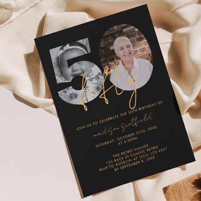 50th Script Chic Elegant Black Gold Photo Script 50th Birthday Invitation | Zazzle
