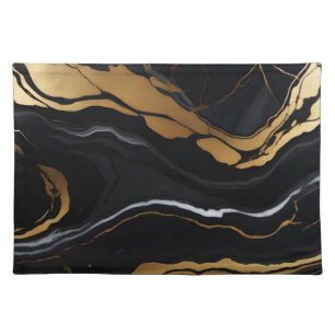 Chic Elegant black golden yellow Faux Marble  Cloth Placemat