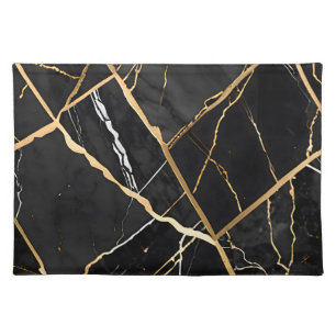 Chic Elegant black golden yellow Faux Marble Cloth Placemat