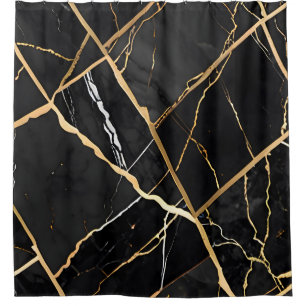 Chic Elegant black golden yellow Faux Marble Shower Curtain