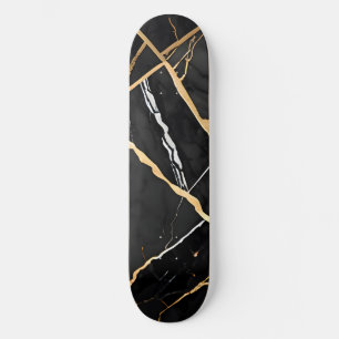 Chic Elegant black golden yellow Faux Marble Skateboard