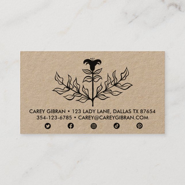Chic Elegant Black Lily Line Drawing CUSTOM Kraft Business Card (Back)