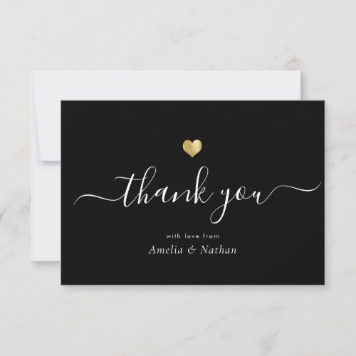 Chic Elegant Black Modern Script Gold Heart Thank You Card