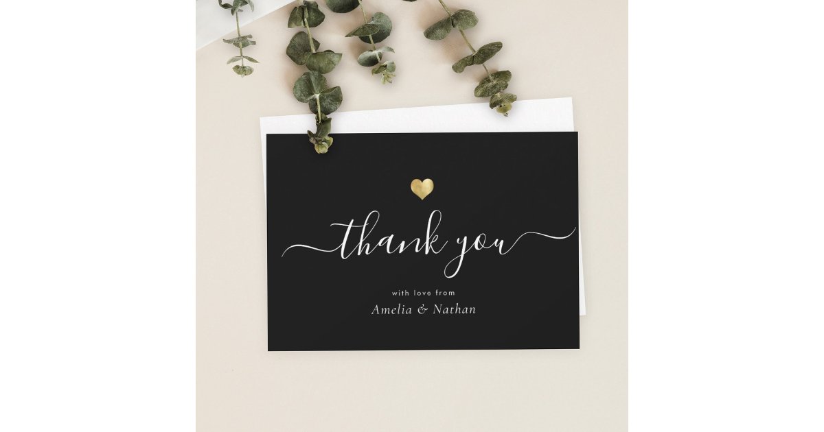 Chic Elegant Black Modern Script Gold Heart Thank You Card | Zazzle