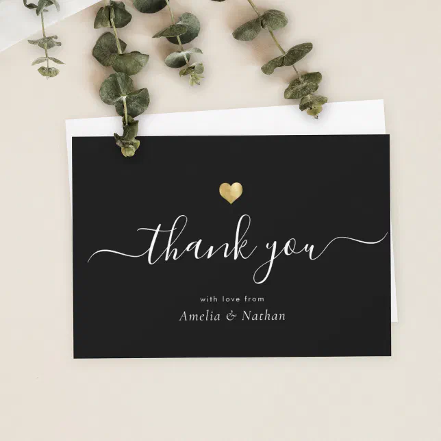 Chic Elegant Black Modern Script Gold Heart Thank You Card | Zazzle