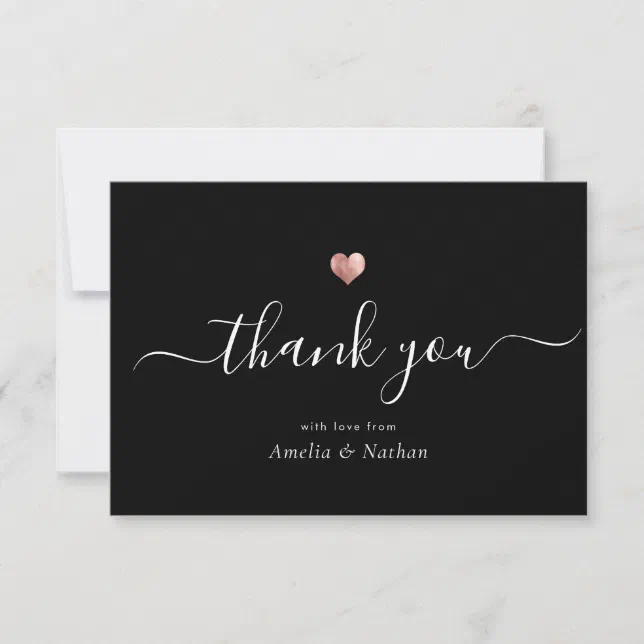 Chic Elegant Black Modern Script Rose Gold Heart Thank You Card | Zazzle