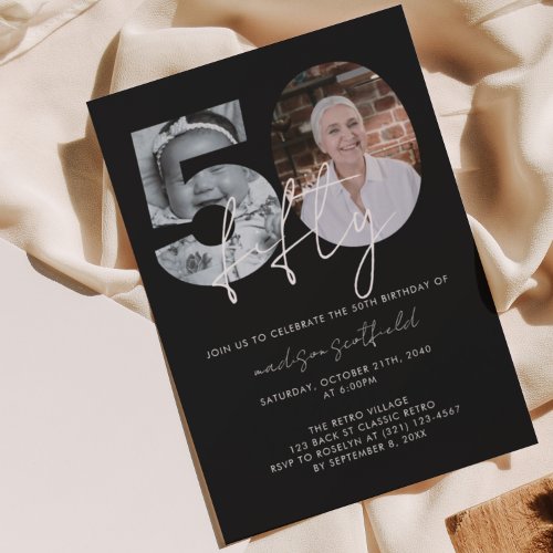 Chic Elegant Black Photo Script 50th Birthday Invitation