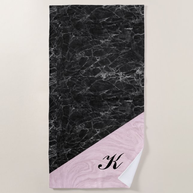 Chic Elegant Black Pink Marble Monogrammed Beach T Beach Towel (Front)