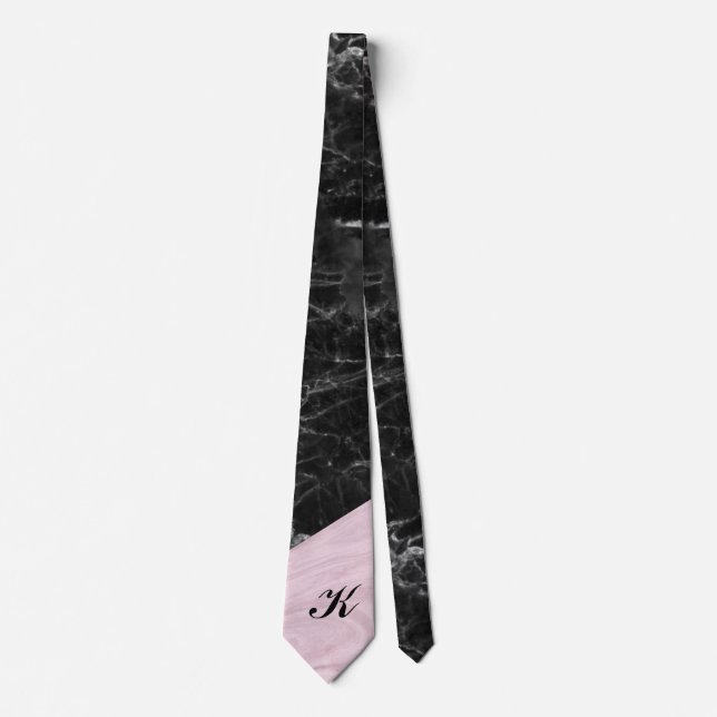 Chic Elegant Black Pink Marble Monogrammed Neck Tie (Front)