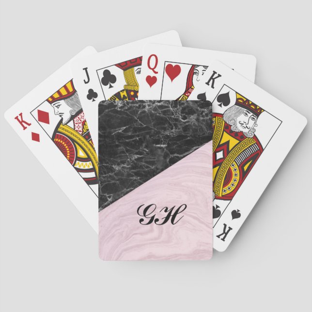 Chic Elegant Black Pink Marble Monogrammed Poker Cards (Back)