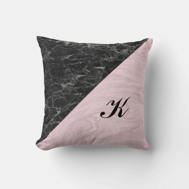 Chic Elegant Black Pink Marble Monogrammed Throw Pillow (Front)