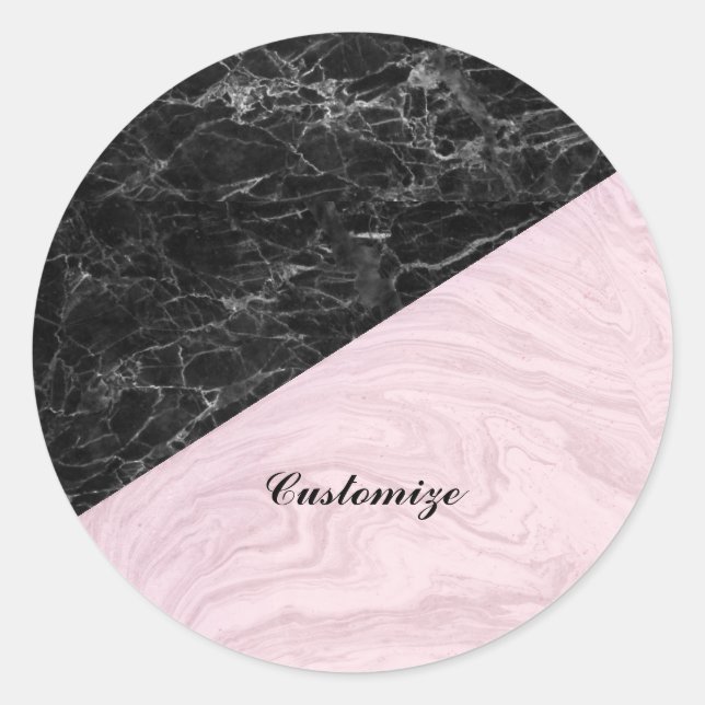 Chic Elegant Black Pink Marble Personalize Classic Round Sticker (Front)