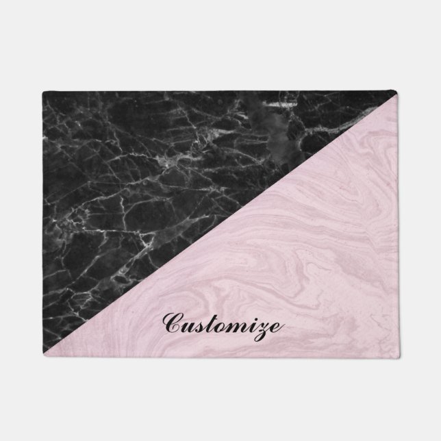 Chic Elegant Black Pink Marble Personalize Doormat (Front)