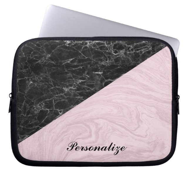 Chic Elegant Black Pink Marble Personalize Laptop Sleeve (Front)