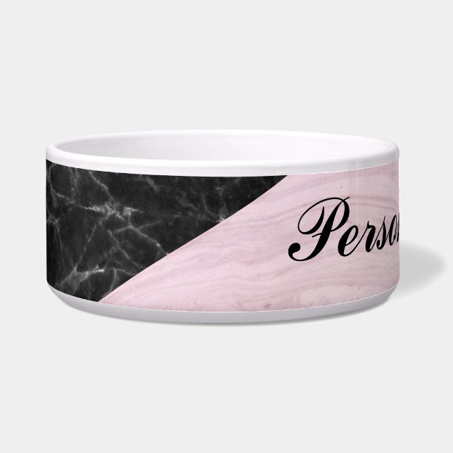 Chic Elegant Black Pink Marble Personalized Dog Bowl (Front)