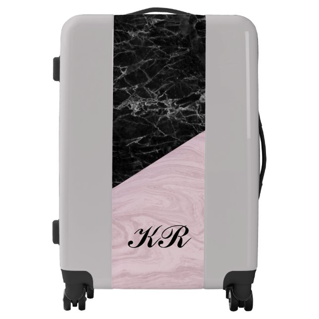 Chic Elegant Black Pink Marble Personalized Luggage (Front)