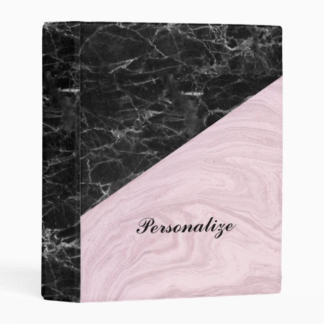 Chic Elegant Black Pink Marble Personalized Mini Binder (Front/Spine)