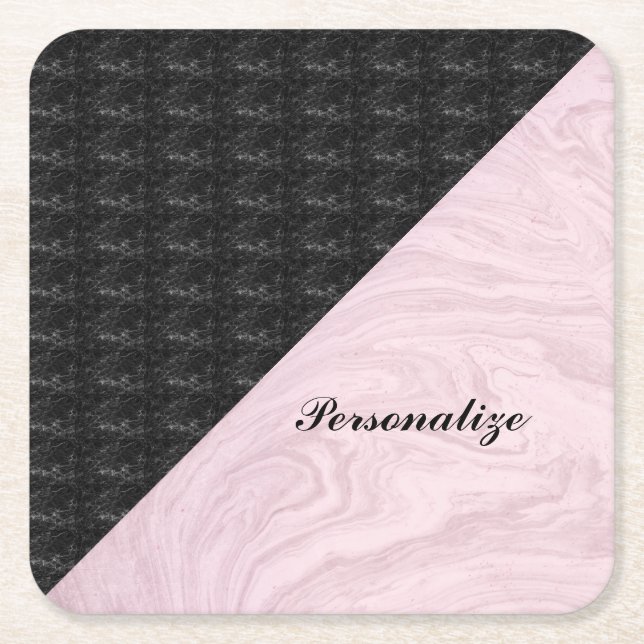 Chic Elegant Black Pink Marble Personalized Square Paper Coaster (Front)
