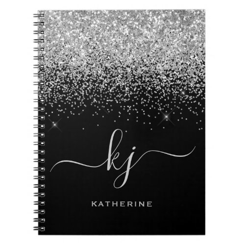 Chic Elegant Black Silver Glitter Monogram Script Notebook